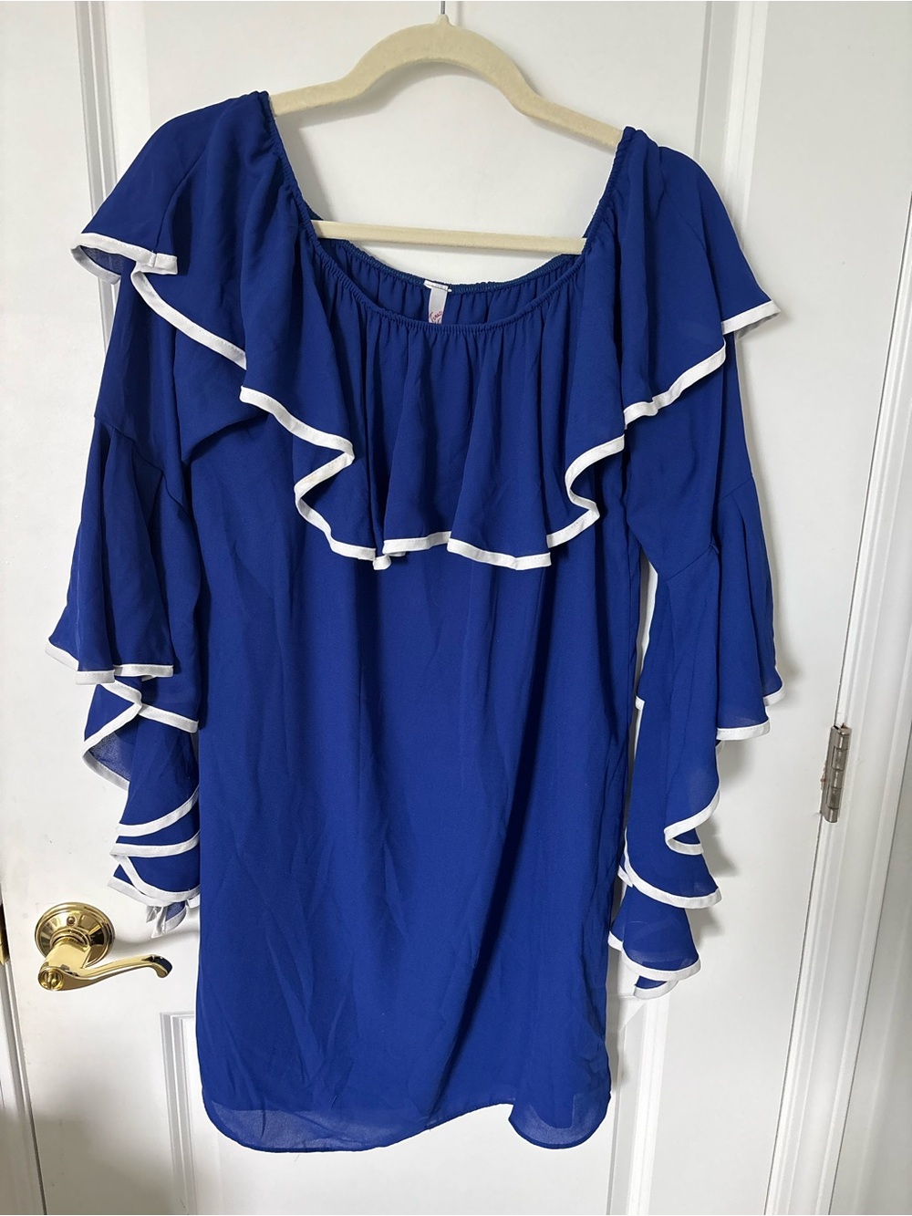 Royal Blue White Trim Off Shoulder Ruffle Bell Sleeve Boho Dress L
